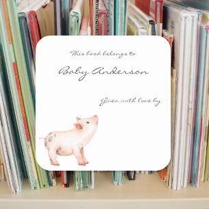 Baby pig baby shower bookplate square sticker