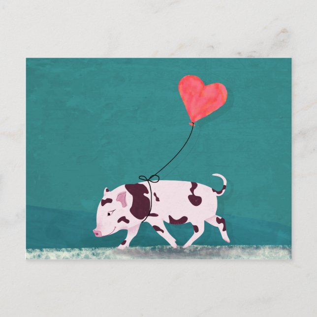 Baby Pig With Heart Balloon Postcard (Front)