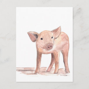 Baby piglet pig art watercolor animal farm cute postcard