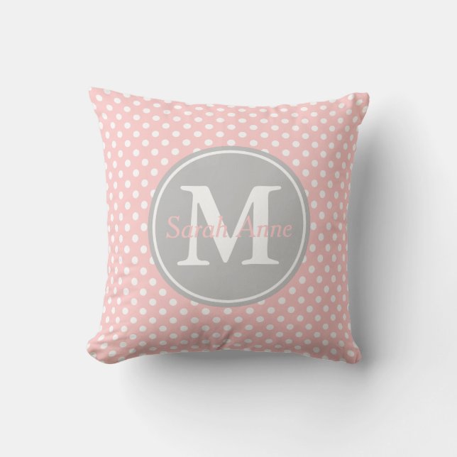 Baby Pink and Ash Grey Polka Dot Monogram Cushion (Front)