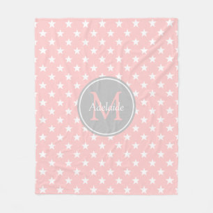 Baby Pink and Ash Grey Stars Monogram Fleece Blanket