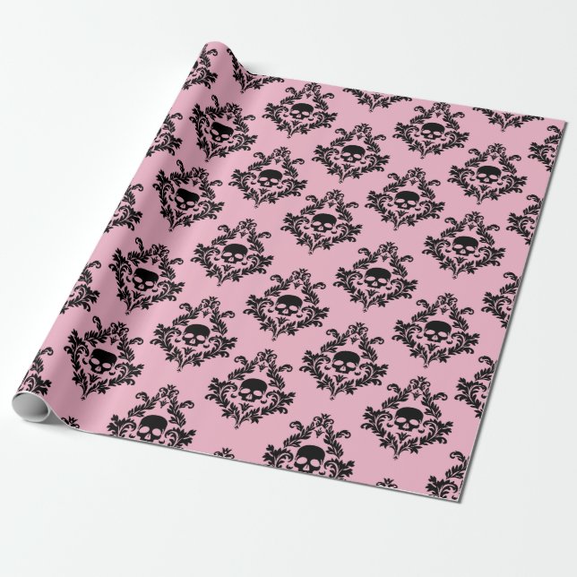 Baby pink and Black Skull damask wrapping paper  (Unrolled)