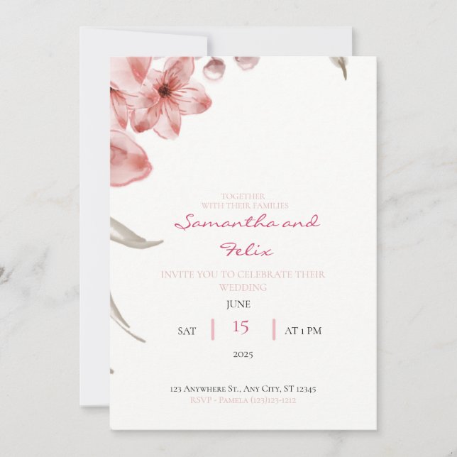 Baby Pink and Green Floral Wedding Invitation (Front)