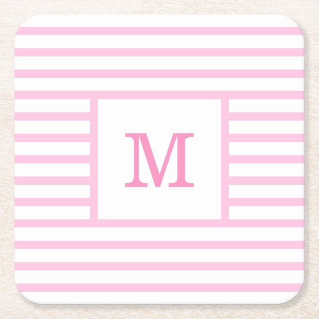 Baby Pink and White Stripes Custom Monogram Square Paper Coaster (Front)