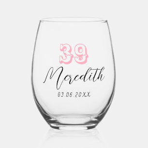 Baby Pink Birthday Number Black Name Date Stemless Wine Glass