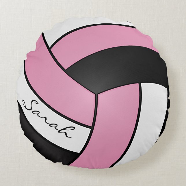Baby Pink, Black and White Volleyball | DIY Name Round Cushion (Front)