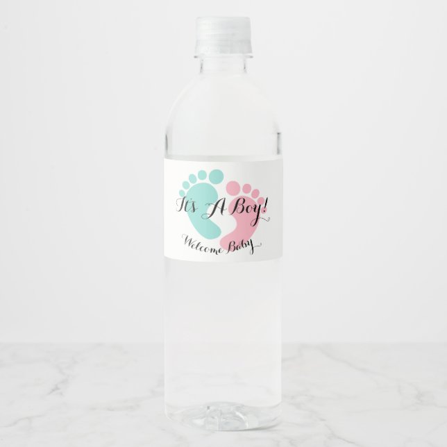 BABY Pink Blue Tiny Footprints Shower Reveal Party Water Bottle Label (Front)