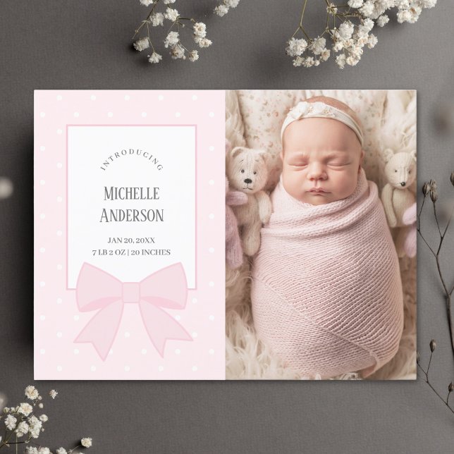 Baby Pink Bow Baby Girl Photo Birth Announcement (Creator Uploaded)
