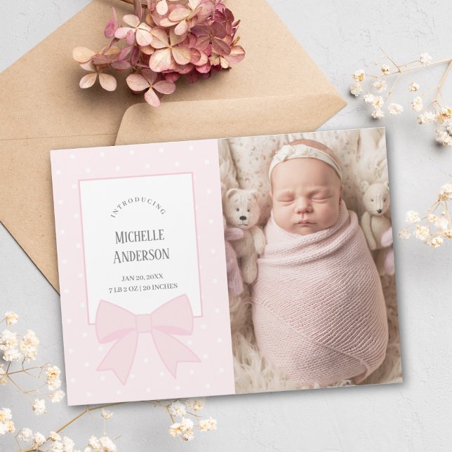 Baby Pink Bow Baby Girl Photo Birth Announcement (Creator Uploaded)