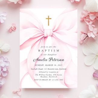Baby Pink Bow Girl Baptism Invitation