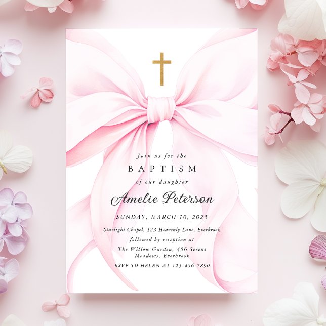 Baby Pink Bow Girl Baptism Invitation (Creator Uploaded)