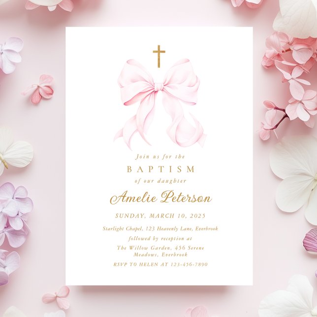 Baby Pink Bow Girl Baptism Invitation (Creator Uploaded)