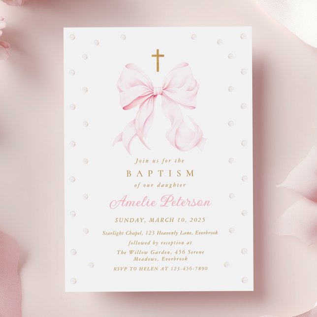 Baby Pink Bow & Pearls Girl Baptism Invitation (Creator Uploaded)