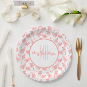 BABY PINK CHRISTMAS WINTER MITTENS & HATS MONOGRAM PAPER PLATE