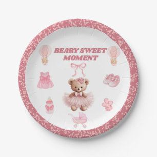 BABY PINK CONFETTI ROUND 7" BEAR GIRL BABY SHOWER PAPER PLATE