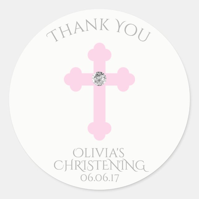 Baby Pink Cross Baptism/Christening Girl Thank You Classic Round Sticker (Front)