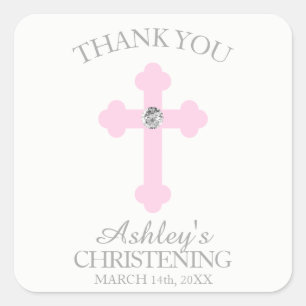 Baby Pink Cross Baptism/Christening Girl Thank You Square Sticker