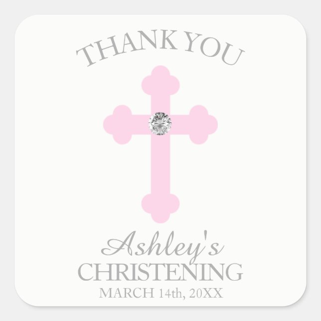 Baby Pink Cross Baptism/Christening Girl Thank You Square Sticker (Front)