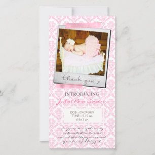 Baby Pink Damask Gingham Thank You Card