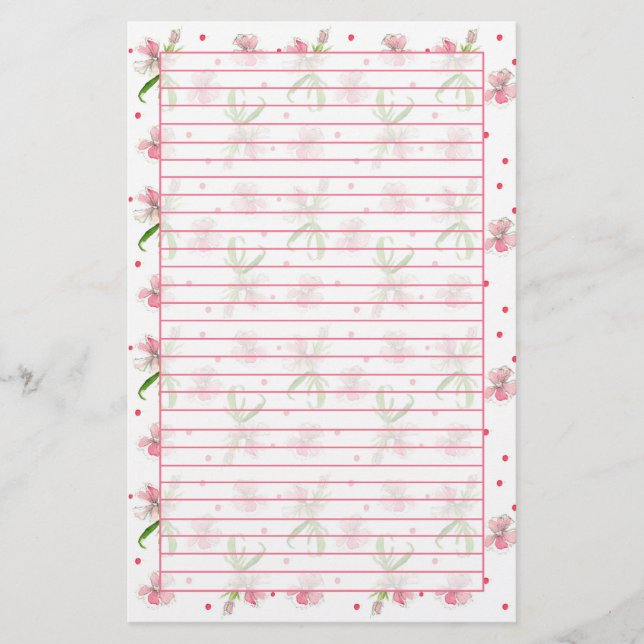 Baby Pink Dianthus Watercolor Flowers Lined Stationery (Front)