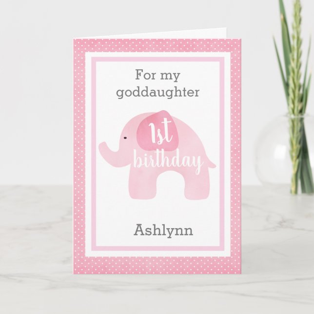 Baby Pink Elephant 1st Birthday Goddaughter Card (Front)