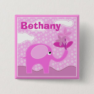 Baby Pink Elephant and Flowers Personalised 15 Cm Square Badge
