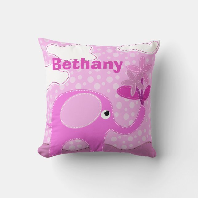 Baby Pink Elephant and Flowers Personalised Cushion (Front)