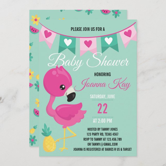 Baby Pink Flamingo Baby Shower Invitation (Front/Back)