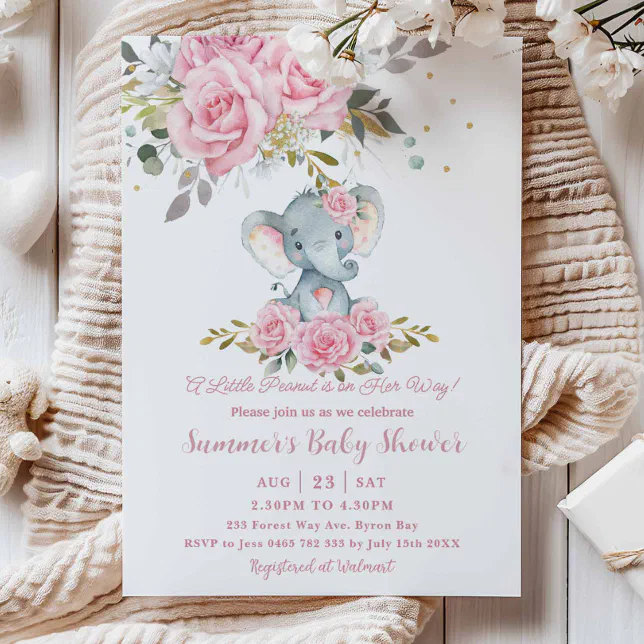 Baby Pink Floral Cute Elephant Girl Baby Shower Invitation | Zazzle