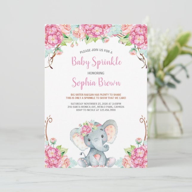 Baby Pink Floral Cute Elephant Girl Baby Shower  Invitation (Standing Front)