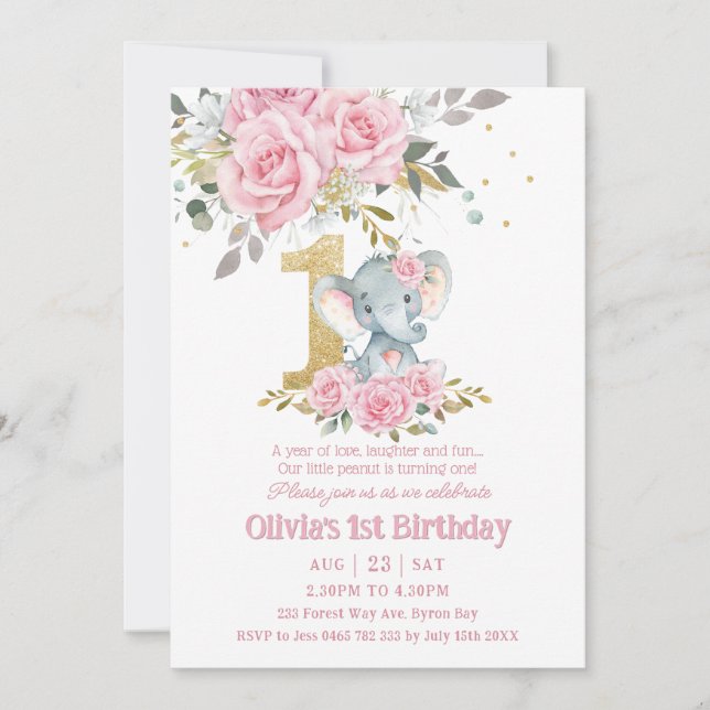 Baby Pink Floral Cute Elephant One 1st Birthday Invitation (Front)