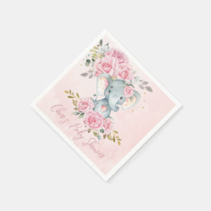 Baby Pink Floral Cute Elephants Twins Baby Shower Napkin