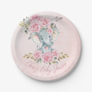 Baby Pink Floral Cute Elephants Twins Baby Shower Paper Plate