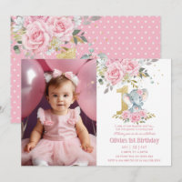 Baby Pink Floral Elephant One 1st Birthday Photo