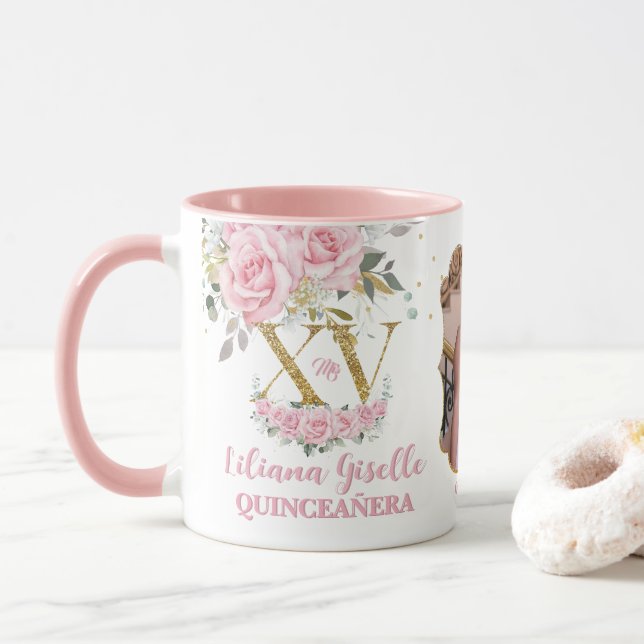 Baby Pink Floral XV QUINCEAÑERA Quince 15 Photo Mug (With Donut)