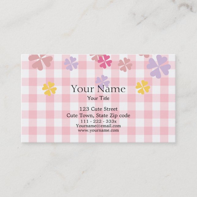 Baby Pink Gingham and Pastel Floral Business Card (Front)