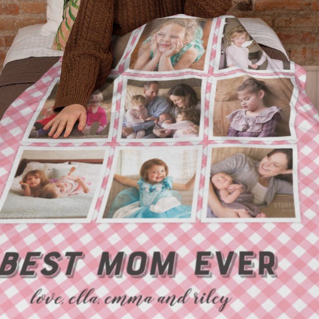 Baby Pink Gingham Best Mum Ever Photo Collage Fleece Blanket (Creator Uploaded)