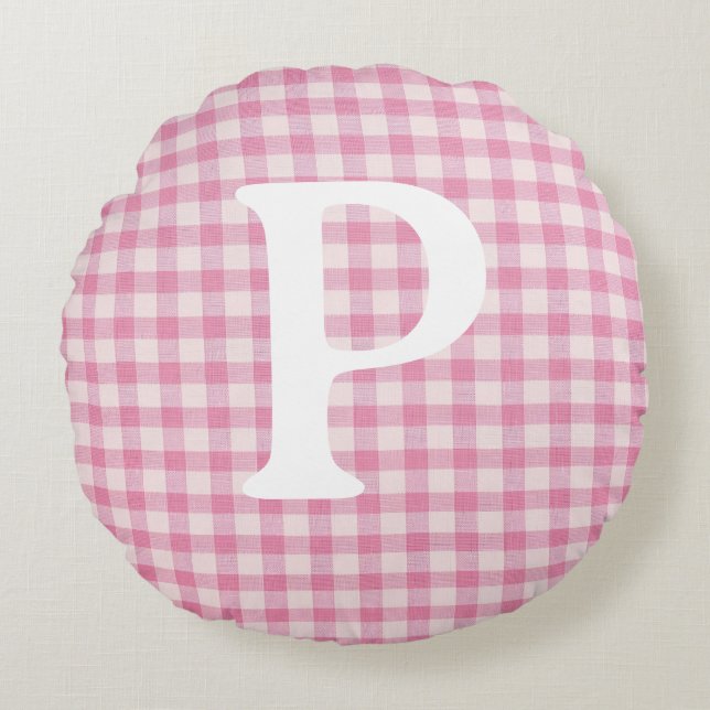 Baby Pink Gingham Initial Custom Round Cushion (Front)