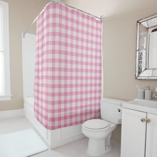 Baby Pink Gingham Pattern Shower Curtain (In Situ)