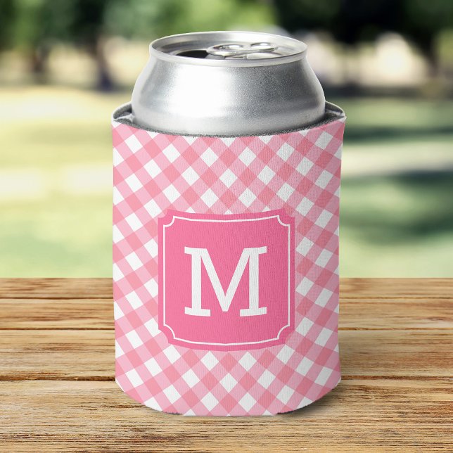 Baby Pink Gingham Personalise Monogram Can Cooler (Creator Uploaded)