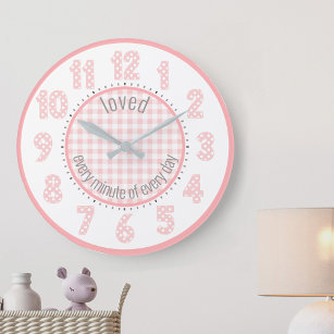 Baby Pink Gingham Polka Dot Numbers Nursery Clock