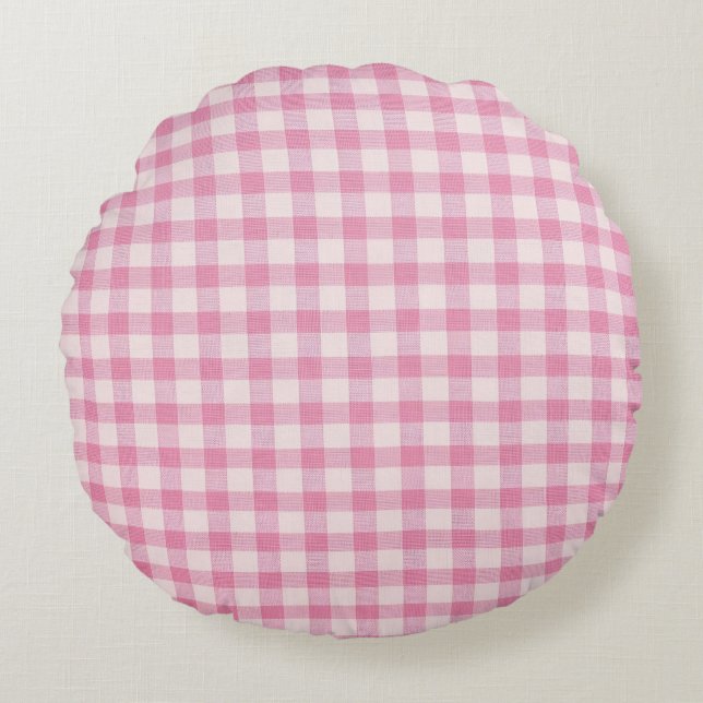 Baby Pink Gingham Round Cushion (Front)