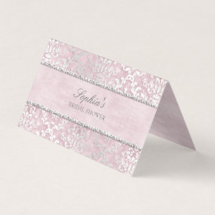 Baby Pink Glimmer Damask Wedding Place Card