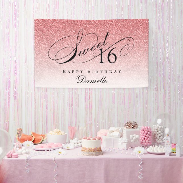 Baby Pink Glitter Sweet 16 Personalised Birthday  Banner (Party)