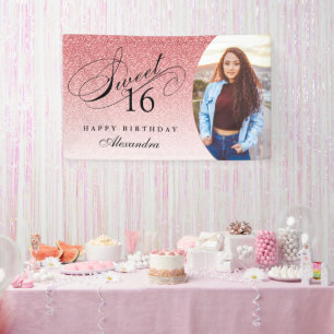 Baby Pink Glitter Sweet 16 Personalised Photo Banner