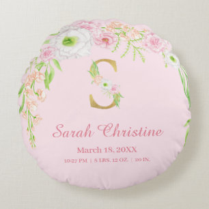 Baby Pink Gold Monogram "S" Baby Girl Stats Round Cushion