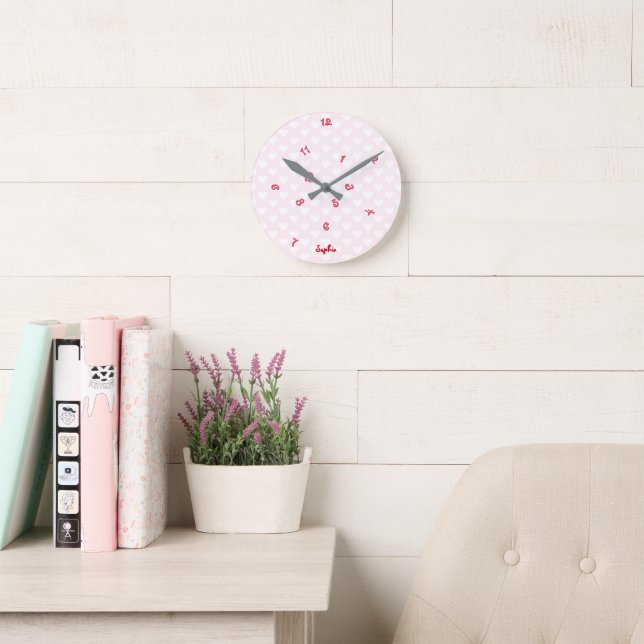 Baby Pink Hearts Custom Name Girls Kids Room Decor Round Clock (Reading Room)