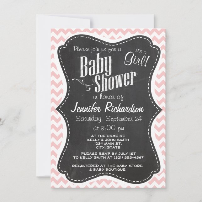 Baby Pink, Light Pink Chevron Stripes; Chalk Invitation (Front)