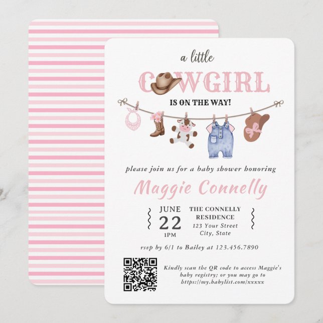 Baby Pink Little Cowgirl is on the Way Invitation (Front/Back)