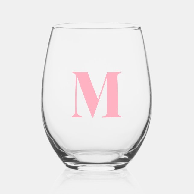 Baby Pink Modern Monogram Initial Letter Stemless Wine Glass (Front)